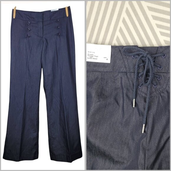 NEW Express Stylist Size 4 Denim Dress Pants Trouser Wide Leg Lace Up Back Blue - Picture 1 of 9